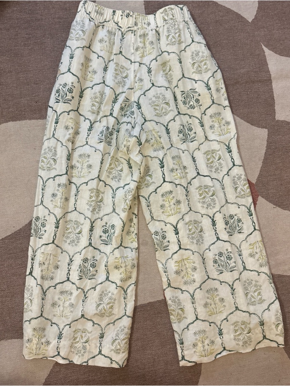 100% Linen Cream Wide-Leg Floral Print Pants